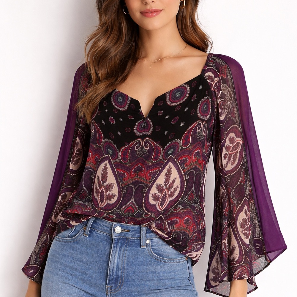 Nicole Miller Artelier 100% Silk Top Women's S Small Paisley Boho V-Neck Wired